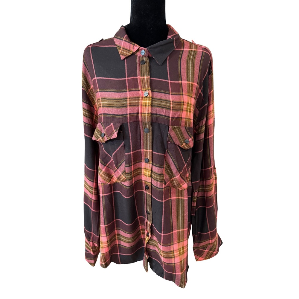 Sanctuary Womens XL Pink Burgundy Plaid Rayon Button Down Shirt XB0141ZRF